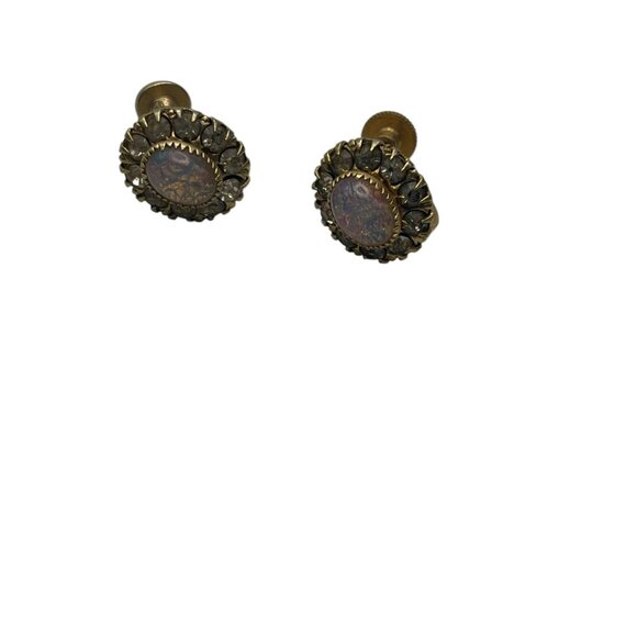 Vintage Faux Opal and Clear Rhinestone Dainty Screw Back Earrings - Picture 7 of 11